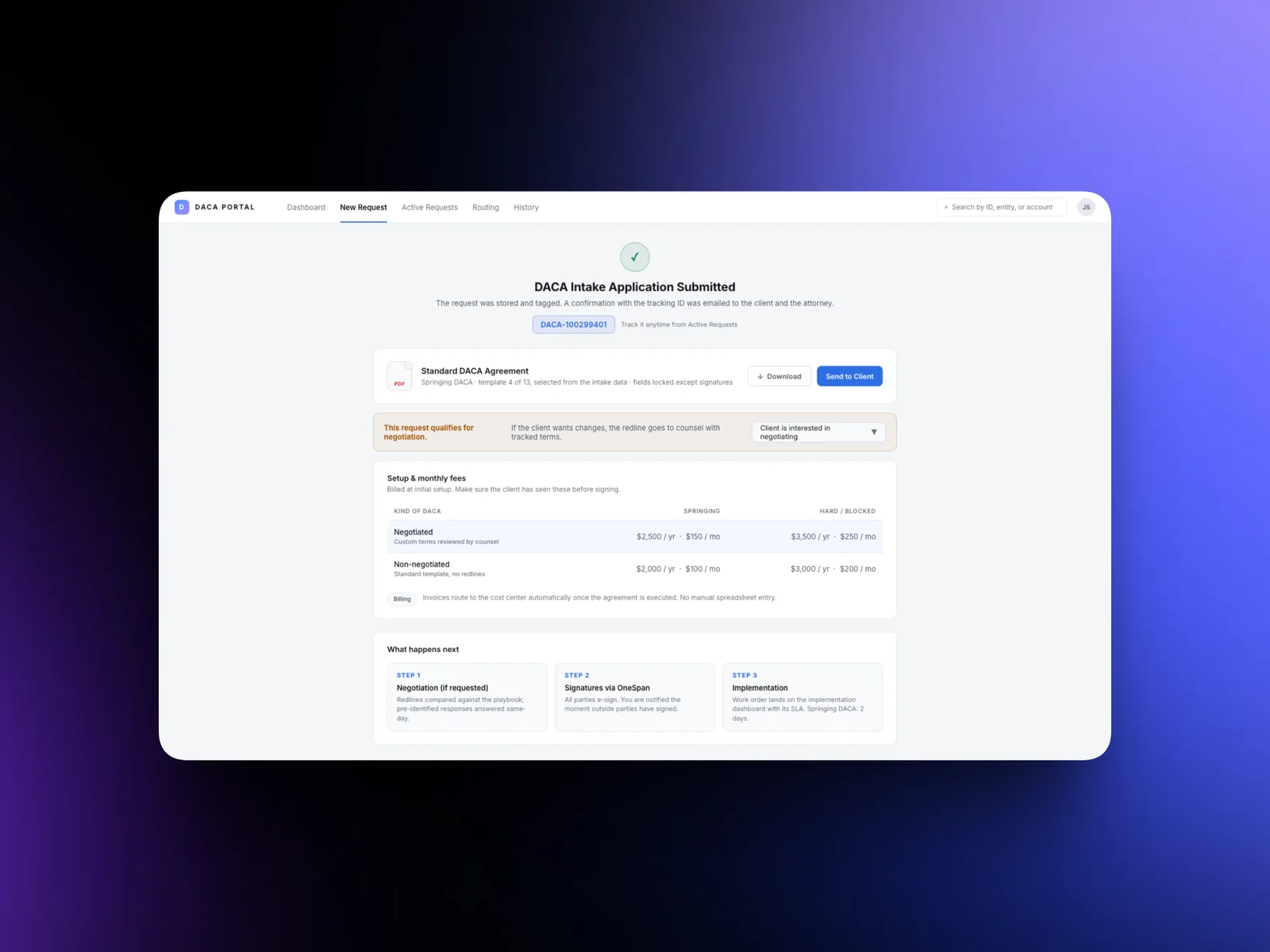 The new platform right after a request is submitted: its tracking ID, the standard agreement ready to send, the fees and the steps that follow