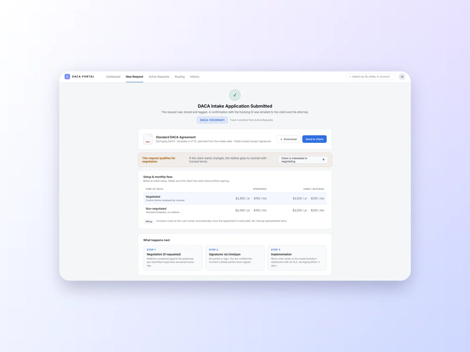 The new platform right after a request is submitted: its tracking ID, the standard agreement ready to send, the fees and the steps that follow