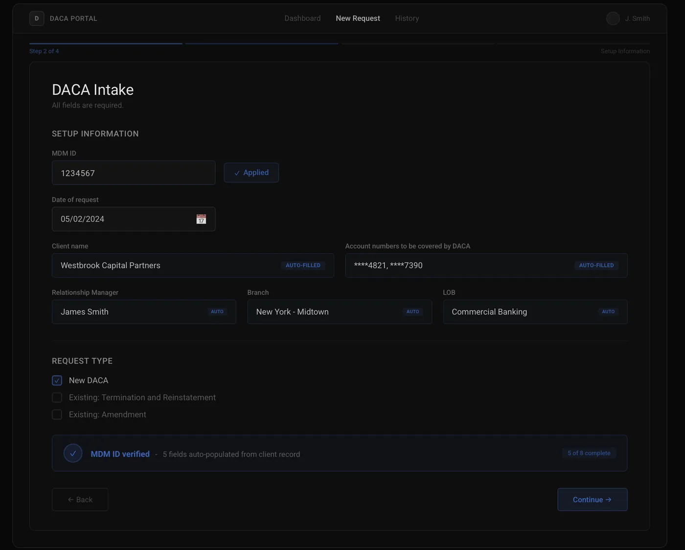 Wireframe of the intake form: setup details filled from the client record, request type and a verified client ID