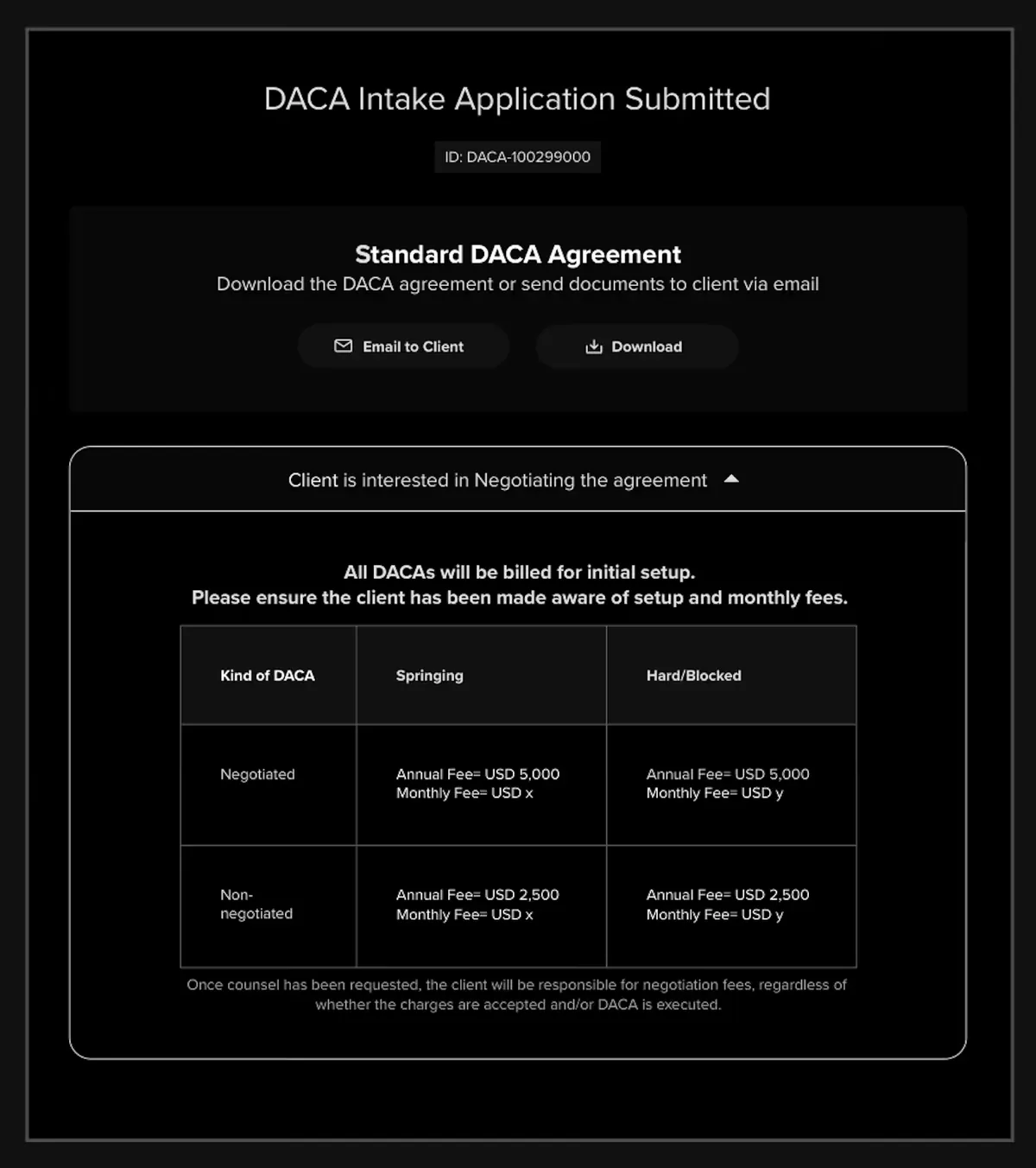Wireframe of the screen after submitting: the tracking ID, the standard agreement to send or download, and the fees