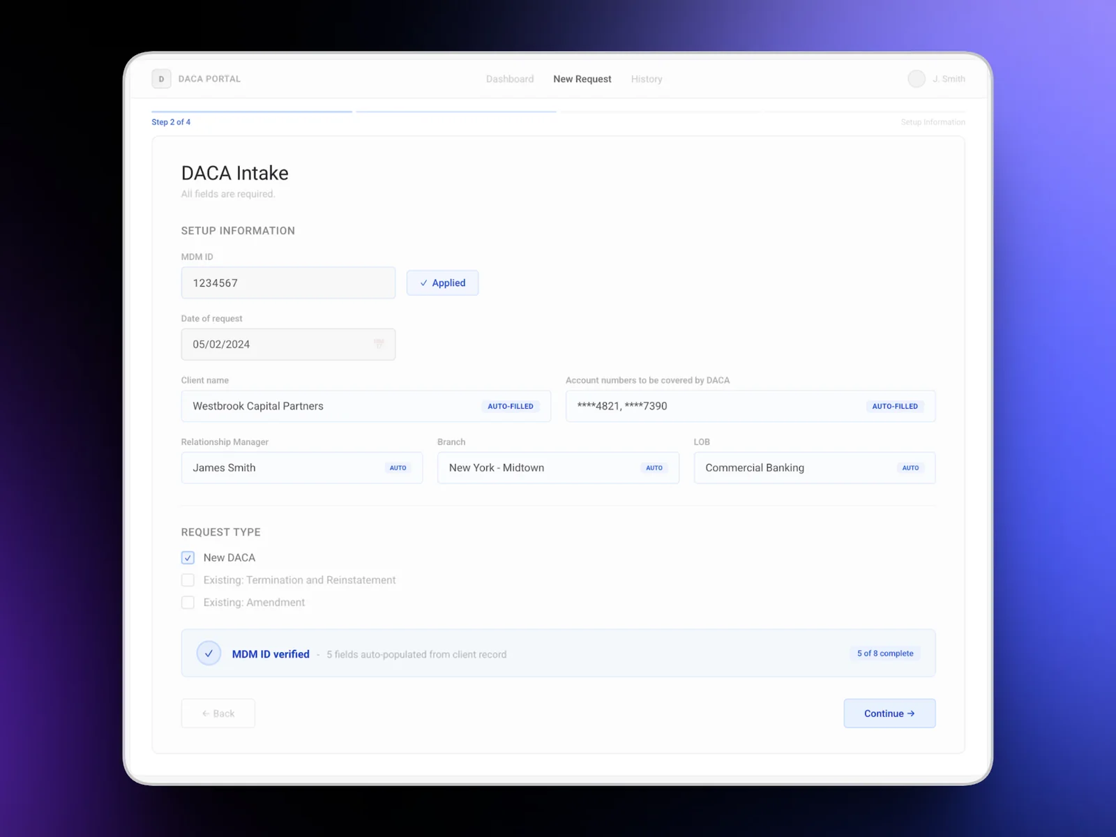 The final intake form, with fields filled from the client record and a verified client ID