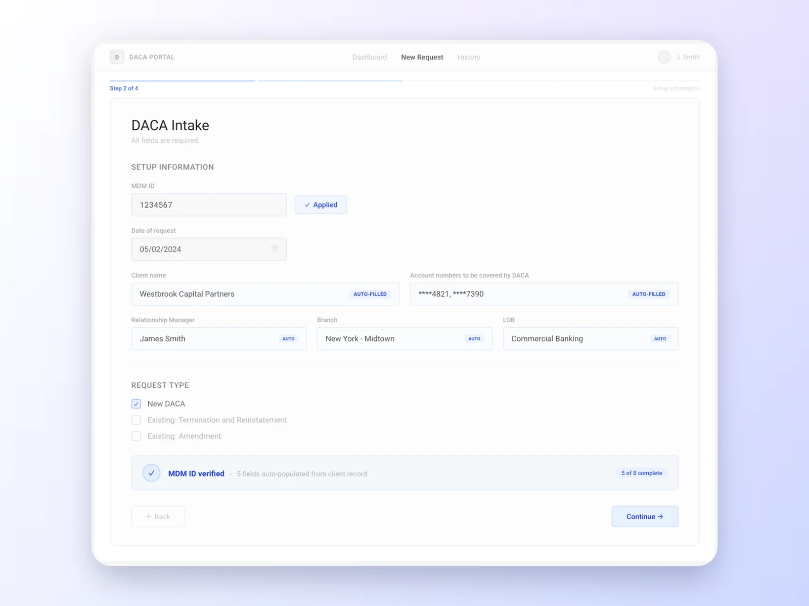 The final intake form, with fields filled from the client record and a verified client ID
