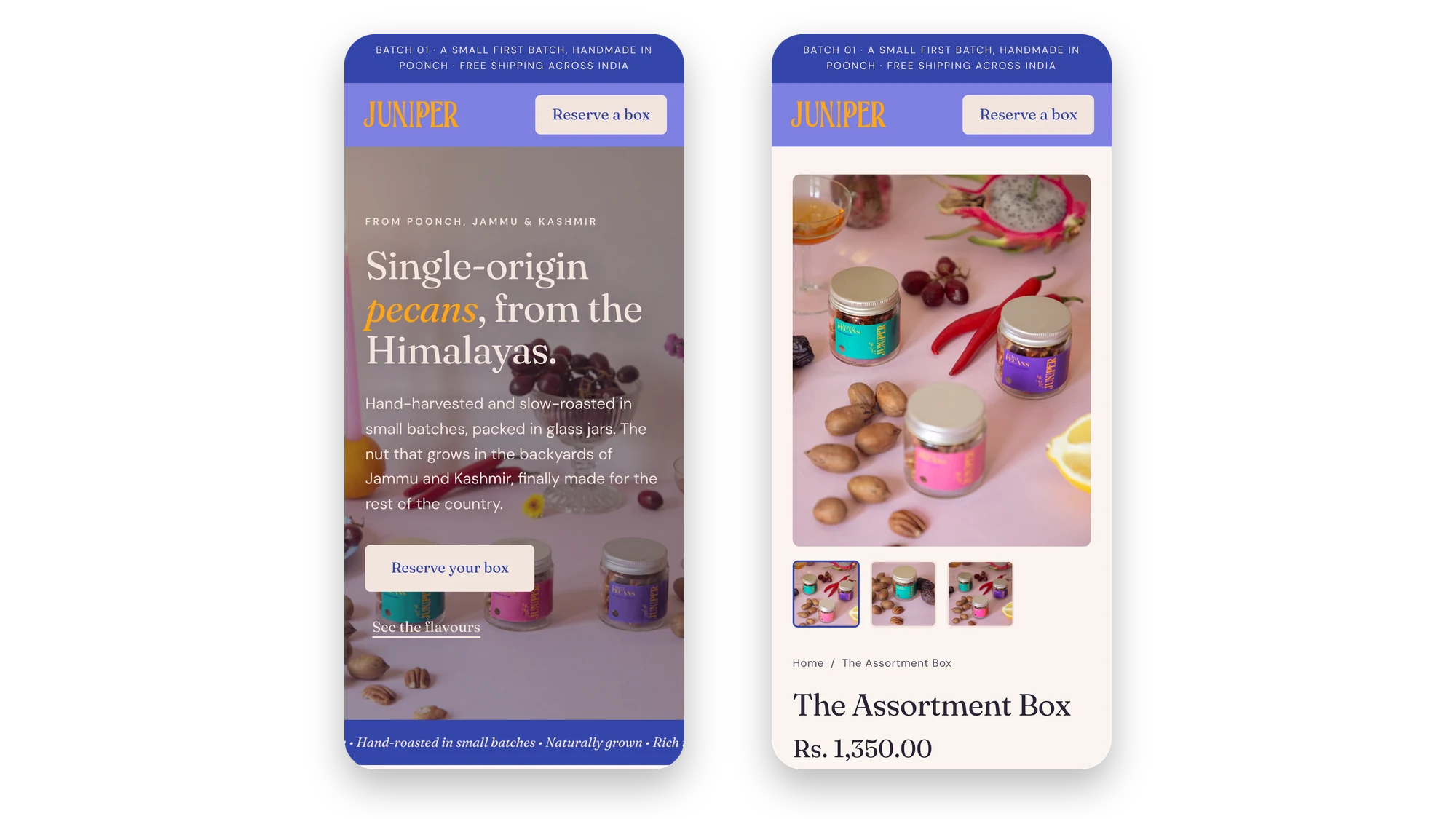 The home page and the product page on a phone, side by side
