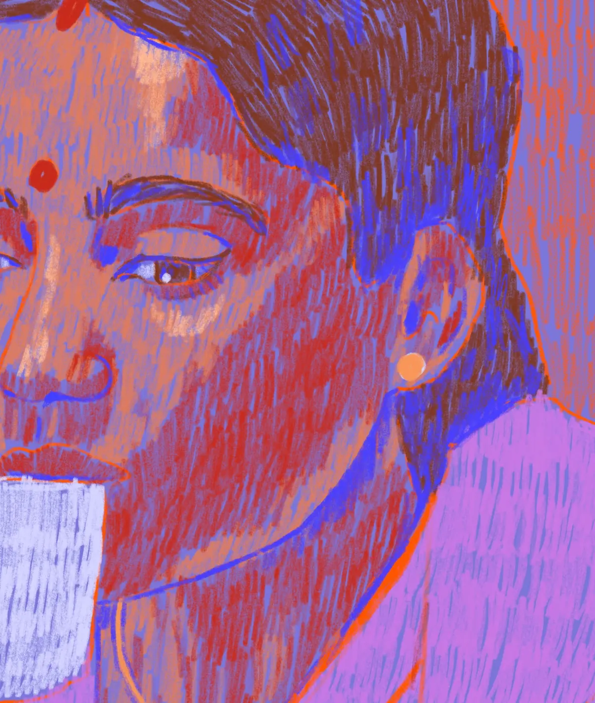 Digital portrait in purple, red and orange strokes of a woman holding a glass to her lips.