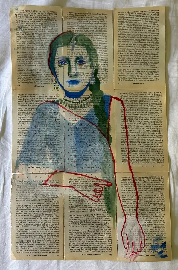 Blue and red ink drawing of a woman with a braid, drawn over a page of printed newspaper.