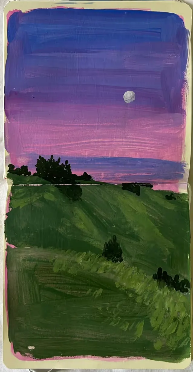 Mount Tamp, spread 1 of 3: gouache sketchbook page of green hills under a purple and pink evening sky with a small moon.