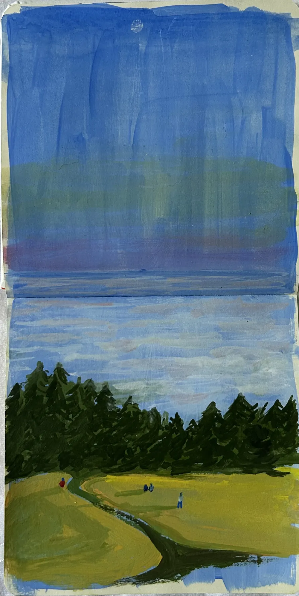 Mount Tamp, spread 3 of 3: gouache sketchbook page of a blue sky over a pale sea, dark pines and a grassy path with two small figures.