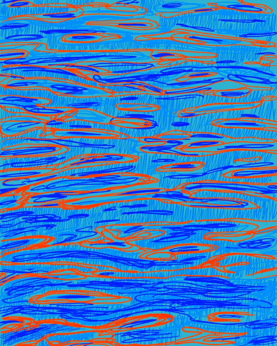 Water, study 3 of 5: bright blue ripples with orange.