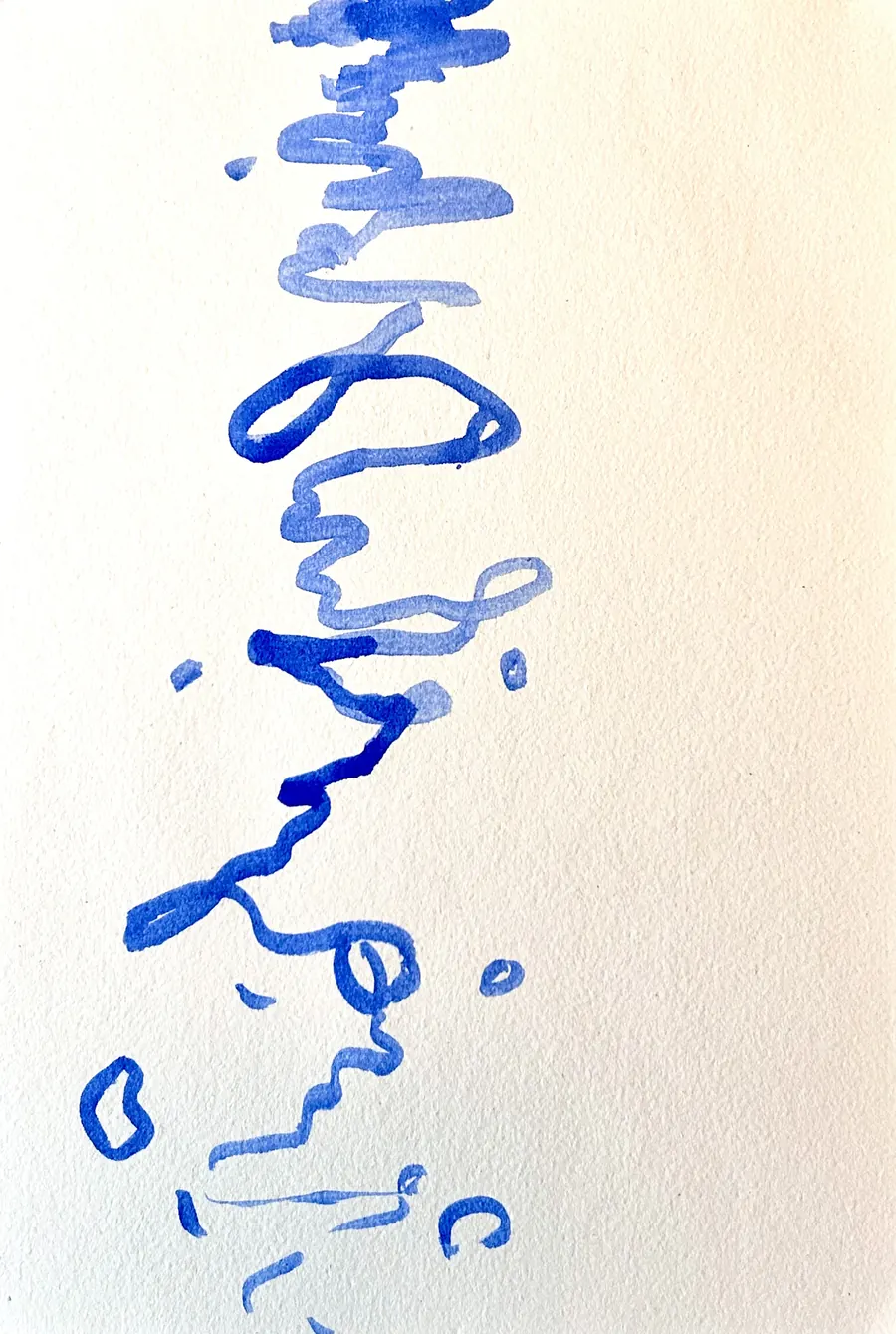 Water, study 5 of 5: a single thin vertical squiggle of blue ink on white paper.