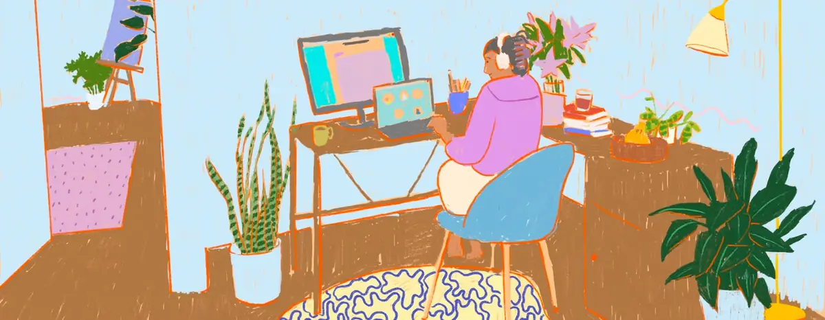 Digital illustration of a woman in a lilac top working at a desk with a monitor, a laptop and plants, in light blue and brown.