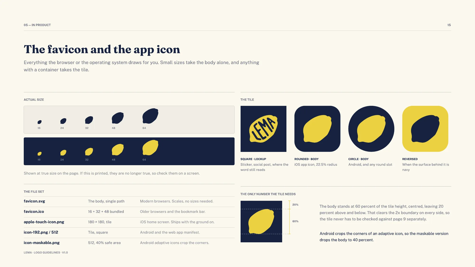 The favicon and app icon set: the body alone at small sizes and the tile at larger ones
