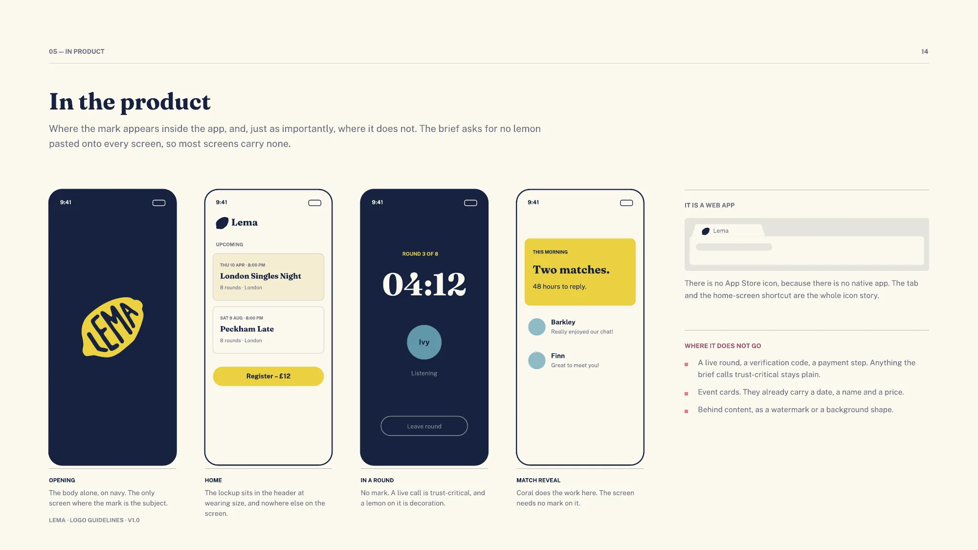 Four app screens: the opening screen with the lemon on navy, the home screen with the lockup in the header, a live round with no mark, and the match reveal