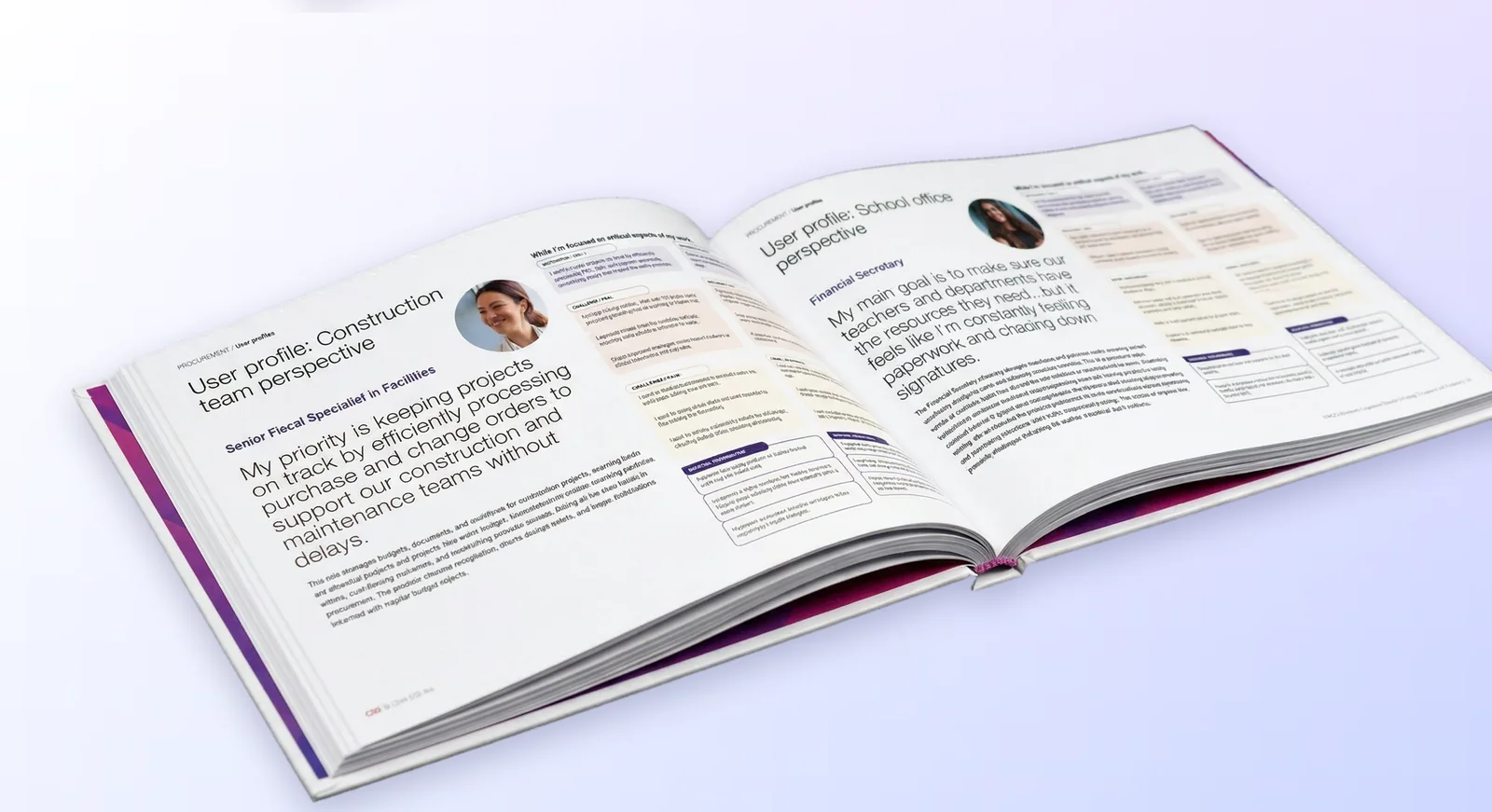 An open vision book showing two user profiles: a senior fiscal specialist on the construction team and a school financial secretary