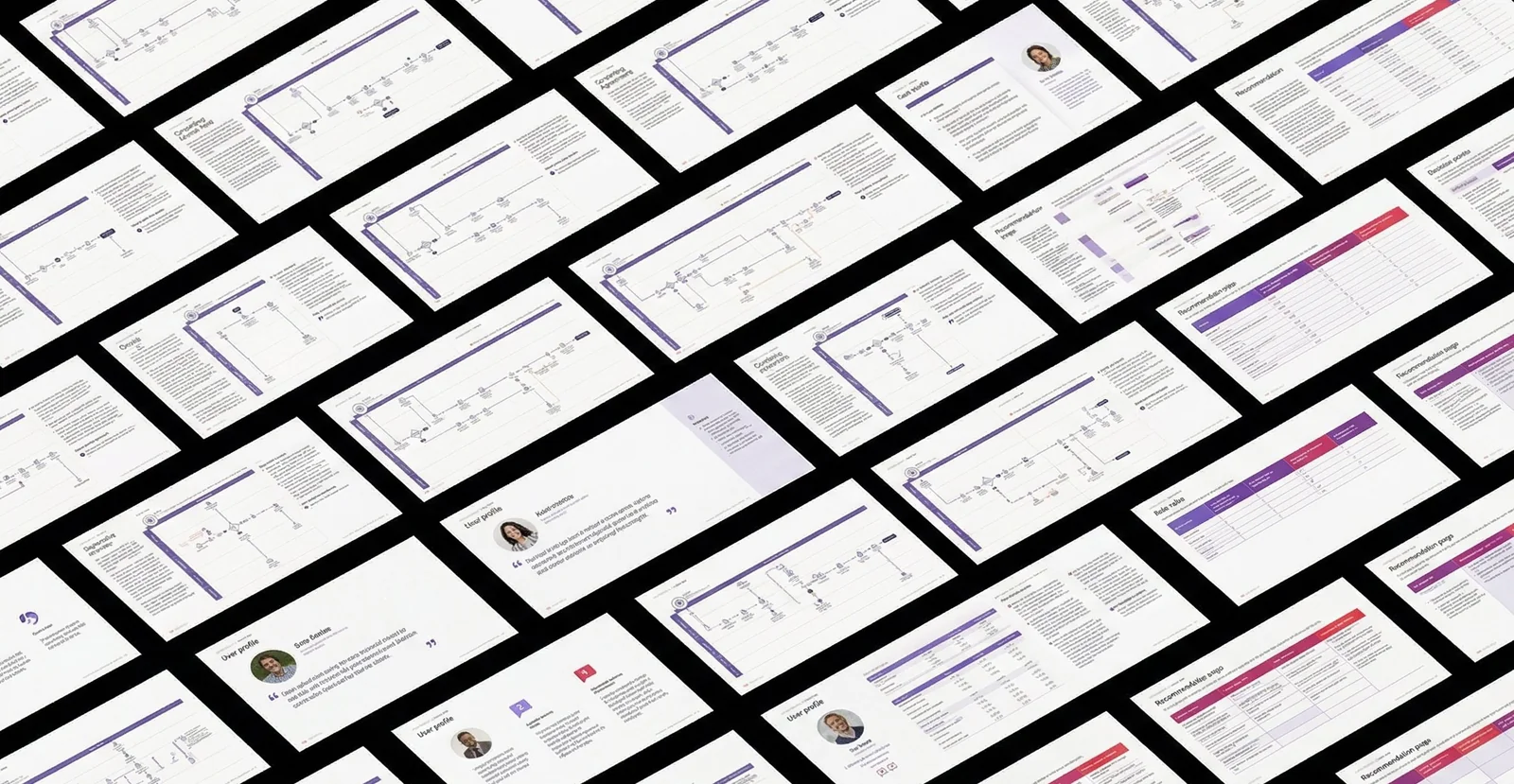 Pages from the three vision books laid out in rows: blueprints, process maps and user profiles