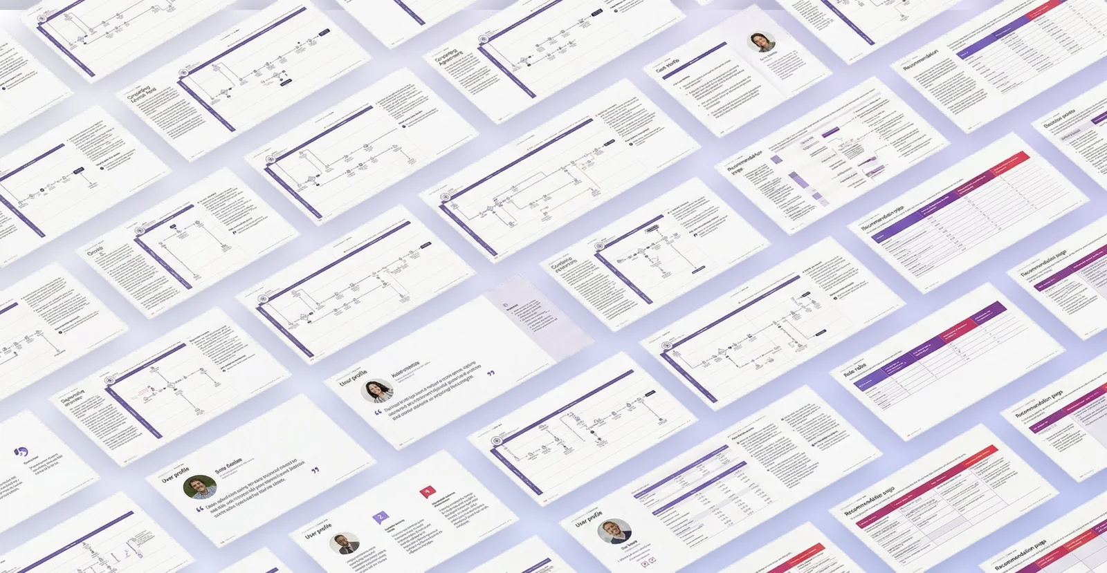 Pages from the three vision books laid out in rows: blueprints, process maps and user profiles