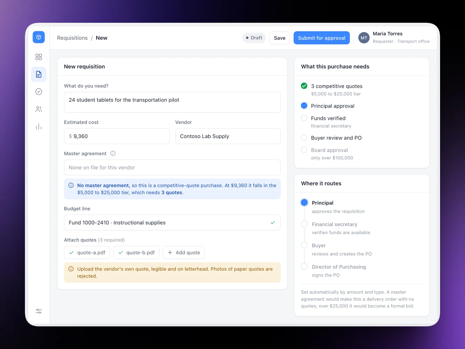 A school's purchase request on the proposed system: the form works out the quotes and approvals the purchase needs and shows where it will route