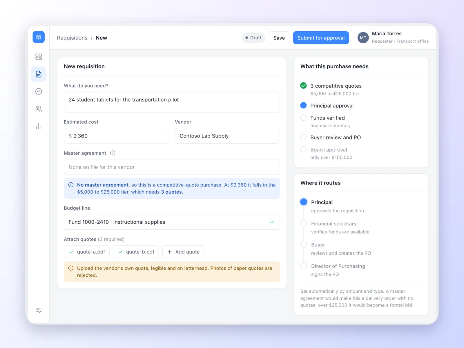 A school's purchase request on the proposed system: the form works out the quotes and approvals the purchase needs and shows where it will route